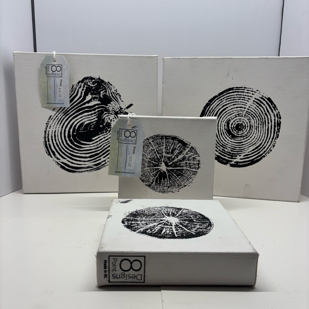 Wall Art Black & White BC Tree rings on Canvas. Set of 4